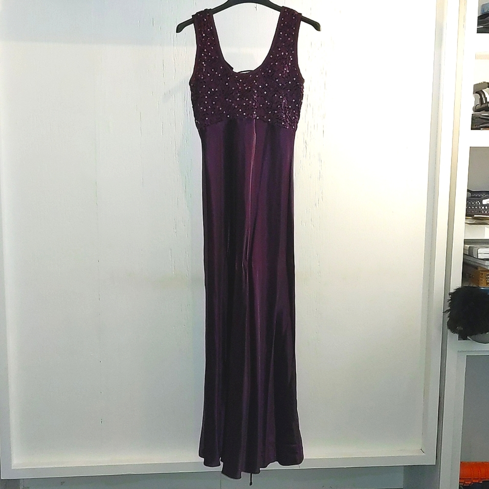Gorgeous purple eggplant satin formal dress with sequin detail